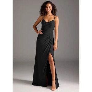 Azazie Black Cowl Neck Ruched Maxi Bridesmaid Dress Side Slit A6 Formal‎ Gown